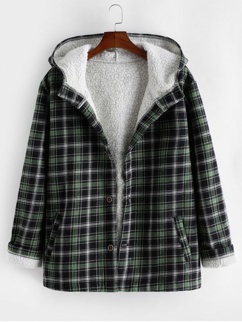 Plaid Faux Fur Fluffy Hooded Jacket - Medium Forest Green 2xl #mensfashion #mensclothing #clothes #outwear #jacket #coat Flannel Hoodie, Fuzzy Coat, Fluffy Jacket, Line Jackets, Jacket Buttons, Womens Plaid, Casual Jacket, Hoodie Jacket, Long Sleeve Pullover