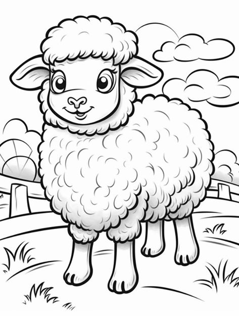 Sheep Drawing Simple, Sheep For Kids, Sheep Coloring Page, Farm Drawing, Cute Coloring Pages For Kids, Sheep Drawing, Character Outline, Farm Coloring Pages, Sheep Cartoon