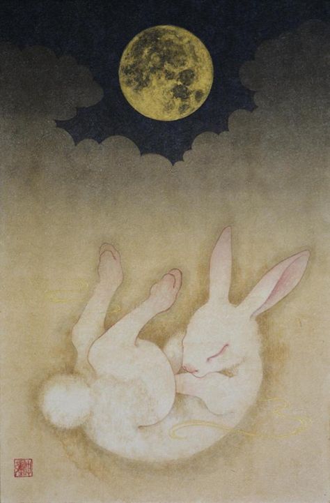 Rabbit Moon Illustration, Japanese Bunny, Hare Illustration, Bunny Tattoo, Sleeping Bunny, Rabbit Drawing, Bunny Tattoos, Rabbit Tattoos, Bunny Painting