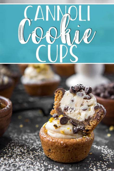 When you can't decide between cookies or something a little fancy, these cute Cannoli Cookie Cups are the answer! Chewy, bite-sized chocolate chip cookie cups are filled with classic cannoli cream, then sprinkled with your favorite garnishes. Canola Cookies, Cannoli Cookie Cups, Cannoli Cookie, Cannoli Cookies Recipe, Chocolate Chip Cannoli, Cannoli Dessert, Cannoli Cookies, Cannoli Desserts, Cup Recipes