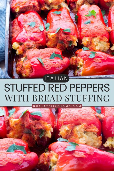 Italian Stuffed Red Bell Peppers with Bread Stuffing are stuffed with a flavorful, moist bread stuffing with pieces of cured Italian sausage baked win tomato sauce in your oven! They're perfect comfort food casserole for your Italian Sunday dinner. Eat them as a hearty side dish or as a main dish that can be made ahead and frozen too. Make ahead instructions included. Click the link to get this delicious recipe! Bread Stuffed Peppers, Italian Sunday Dinner, Stuffed Red Bell Peppers, Stuffed Red Peppers, Comfort Food Casserole, Moist Bread, Hot Pepper Recipes, Italian Stuffed Peppers, Italian Side Dishes