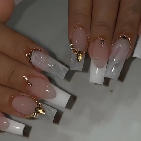 BABALAL French Tip Press on Nails Long Square Fake Nails White Glue on Nails Gold Rhinestone Luxury Design Acrylic Nails 24Pcs Ballerina False Nails Square Nails White Design, White Hoco Nails Coffin, Simple Gold And White Nails, Gold Nail French Tip, Good And White Nails, Quinceanera Nails White And Gold, White Nails Gold Design, French Tip Acrylic Nails With Gold, Cute Nail Designs White