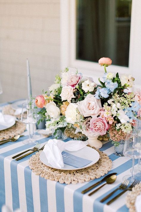 Blue and White Cabana Stripe Tablecloths for a Preppy Coastal New England Wedding Table with Pastel Centerpiece Flowersa Pinks And Blue Wedding, Colorful Coastal Wedding, Bermuda Wedding, Walton House, Bridgerton Wedding, New England Summer, Coastal New England, Dusty Orange, England Summer