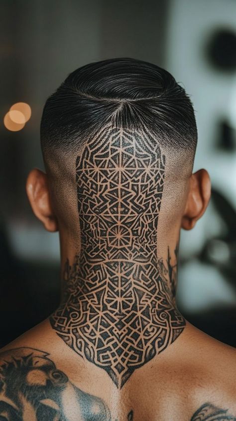 Young man with geometric tattoo design covering neck and head, intricate patterns blending together seamlessly. Geometric Head Tattoo, Neck Geometric Tattoo, Geometric Neck Tattoo, Neck Tattoo Design, Geometric Tattoo Neck, Geometric Tattoo Design, Head Tattoos, Neck Tattoo, Unique Tattoos