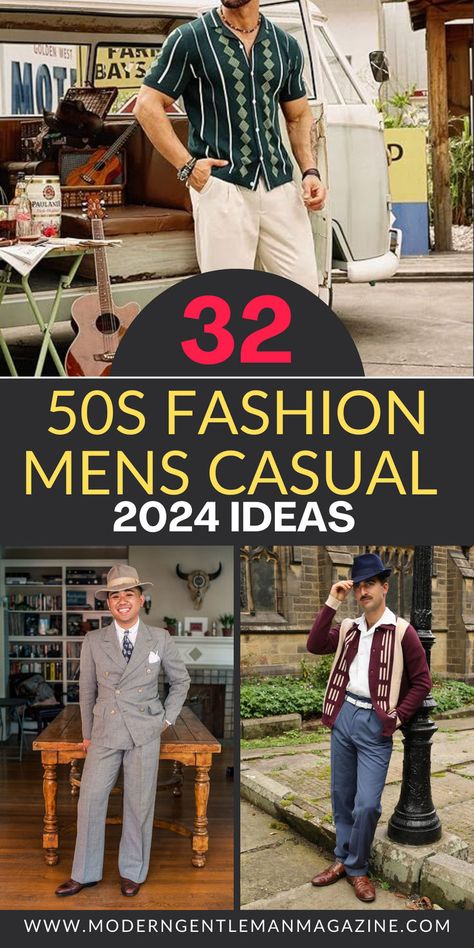 Explore 32 timeless fashion ideas from the 50s for men. Discover vintage suits, slick hairstyles, and classic casual wear to add a retro touch to your style. 🎩👔 #50sFashion #MensStyle #VintageOutfits 1950s Mens Wedding Attire, Men’s Old Hollywood Outfits, Mens 50s Outfit, 1940s Outfits Men, 1950s Mens Fashion Formal, Mid Century Modern Mens Fashion, 1950s Men’s Fashion, 50s Fashion Boys, 1950s Male Fashion