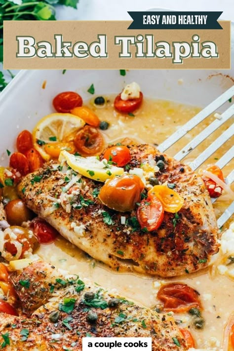 This baked tilapia recipe is bursting with flavor! Pair the fish with lemon, tomatoes and feta for a impressive yet easy dinner. #bakedtilapia #tilapia #tilapiarecipe #bakedfish #healthydinner #healthyrecipe #easyrecipe #easydinner #fish Quick Fish Recipes, Oven Baked Tilapia, Yogurt Rice, Baked Tilapia Recipes, Tomatoes And Feta, Seafood Delight, Best Fish Recipes, Tilapia Recipe, A Couple Cooks