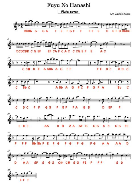 Sheet music for Fuyu No hanashi written for flute/c instrument/violin. flute, flute music, cover, cover song, flute player, sheet music, music notes, how to play flute, how to play Fuyu No Hanashi, music #flute #music #sheetmusic #musicnotes #fluteplayer Violin Sheet Music Popular Songs Easy, Flute Tutorial, Beginner Violin Sheet Music, Easy Violin Sheet Music, Sheet Music For Flute, Sheet Music With Letters, Trumpet Sheet Music, Saxophone Sheet Music, Song Request