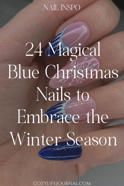 Magical blue and pink Christmas-themed nails with winter designs. Frosted Christmas Nails, Christmas Ombre Nails Winter, Snowy Wonderland, Blue Christmas Nails, Blue And Silver Nails, Winter Nail Ideas, Silver Nail Designs, December Nails, January Nails