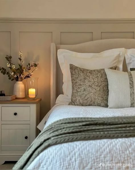 Green And Cream Bed, Soft Sage Bedroom, Cottage Bedroom Green, Sage Green Guest Room, Overtly Olive Bedroom, Beige And Sage Bedroom, Sage And Beige Bedroom, Cosy Cottage Bedroom, Sage Green Bedding Ideas