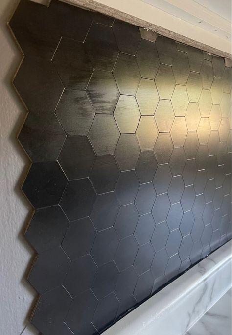 Easy Kitchen Backsplash Peel And Stick, Peel And Stick Hexagon Backsplash, Black Tin Backsplash Kitchen, Black Backsplash Kitchen White Cabinets, Black Tile Kitchen Backsplash, Black Tile Backsplash Kitchen, Black Hexagon Backsplash, Black Peel And Stick Tile, Sheet Metal Backsplash