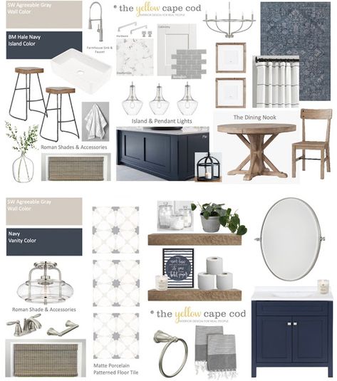 Gray Farmhouse Kitchen, Living Rooms Farmhouse, Kitchen Navy, Yellow Cape Cod, Farmhouse Powder Room, Grey Farmhouse Kitchen, Navy Living, Navy Living Rooms, Navy Kitchen