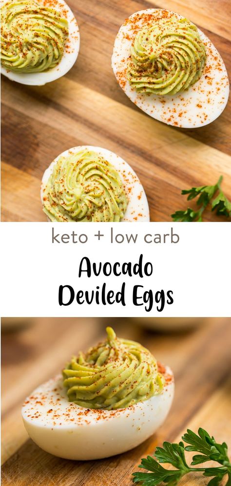 Avocado deviled eggs are a great alternative to the traditional recipe creating a super creamy textured filling. These tasty, easy to make deviled eggs are a great choice for an appetizer for anyone eating a healthy diet such as keto, paleo, Whole30 or just looking for a better option! Low Calorie Deviled Eggs, Avocado Devilled Eggs, Avocado Bacon Deviled Eggs, Deviled Eggs Keto, Keto Deviled Eggs Low Carb, No Mayo Deviled Eggs, Cold Lunch Ideas For Work, Quick Fish Recipes, Simple Appetizers