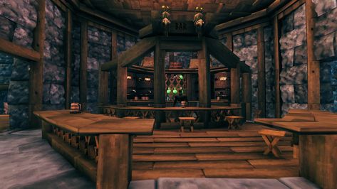 Valheim dining tavern kitchen Valheim Kitchen Ideas, Valheim Tavern, Valheim Kitchen, Tavern Kitchen, Fantasy Aesthetic, Kitchen Ideas