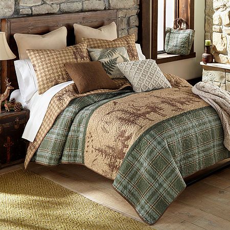 Transform your bedroom into a serene wilderness retreat with our spruce trail lightweight quilted bedding set. This captivating ensemble showcases a stunning sketched mountain scene, adorned with charming wildlife motifs such as moose, bear, fox and pine trees. Crafted with meticulous diligence, our spruce trail lodge quilt set features a large, peaceful plaid border that surrounds the captivating mountain design in shades of sage green, cocoa, and tan, while adding an earthy elegance to your sp Lodge Bedding, Quilted Bedding, Cabin Bedroom, Watercolor Forest, Bear Silhouette, Rustic Bedding, Stylish Beds, Twin Quilt, Bedding Stores