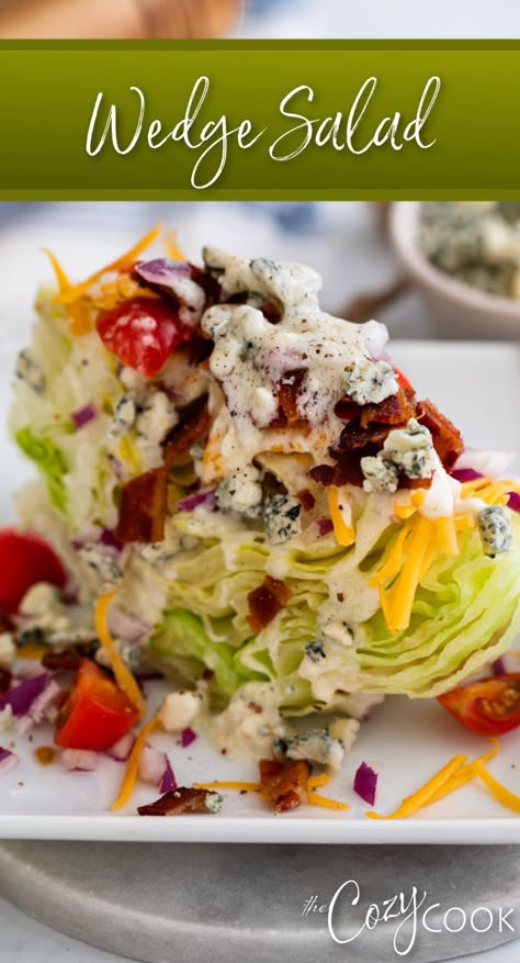 Wedge salad topped with blue cheese and crumbled bacon Classic Wedge Salad, Wedge Salad Recipe, Wedge Salads, Iceberg Salad, Wedge Salad Recipes, Titanic Party, Cozy Cook, Wedge Salad, Blue Cheese Dressing