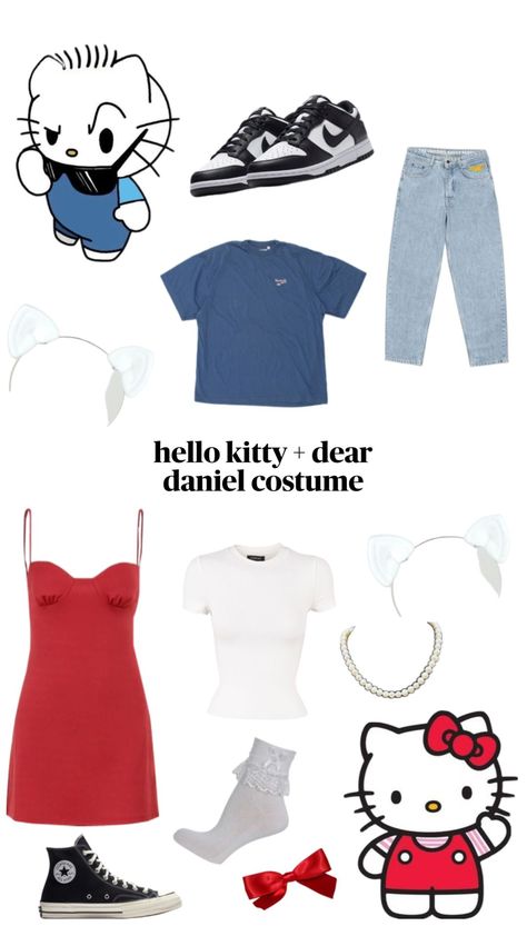 #halloweeninspo #halloween #halloweencostume #hellokitty #deardaniel Hello Kitty Halloween Costume, Hello Kitty Costume, Kitty Costume, Duo Costumes, Trio Halloween Costumes, Pretty Halloween Costumes, Couples Halloween Outfits, Matching Costumes, Alt Outfits