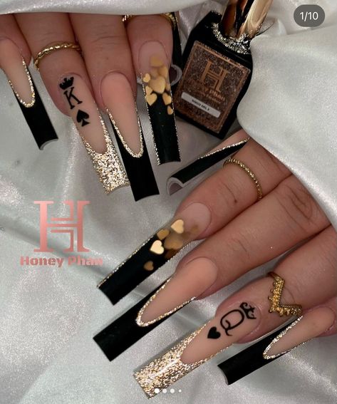 King And Queen Acrylic Nails, Queen Nails Designs Crown, Black And Gold Glam Nails, King And Queen Nail Designs, King Queen Nails, Boujie Nail Designs, King And Queen Nails, Black Luxury Nails, Glam Nails Square