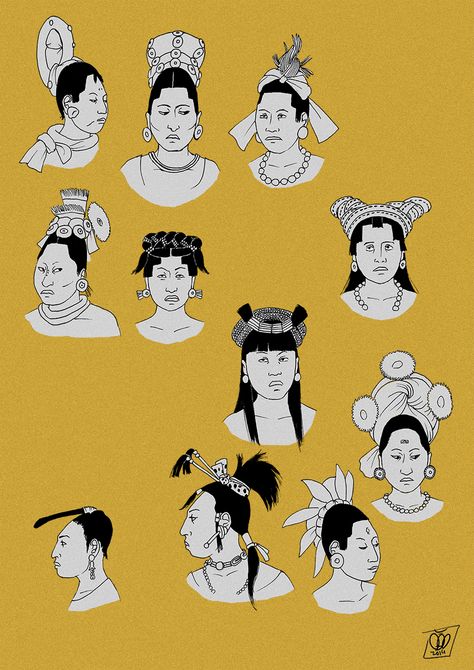 Maya women hairstyles and headwear in the Classic period (c.600-900). Based on primary sources: vase paintings, murals, ceramics, figurines, bone carvings, stelae etc. Chicana Culture, Mayan Clothing, Mayan Symbols, Maya Art, Aztec Culture, Mayan Art, Mayan Culture, Ancient Mayan, Aztec Art