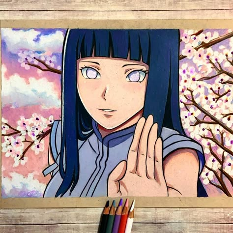 Rafael Zamora on Instagram: “Hi everyone!☺️ Here’s my finished drawing of Hinata Hyuga! That background took much longer than expected but I’m so happy with how it…” Anime Color Drawing, Colored Anime Drawings, Hinata Drawing, Anime Canvas Painting, Naruto Painting, Manga Naruto, Anime Drawing Books, Naruto Drawings, Bunny Drawing