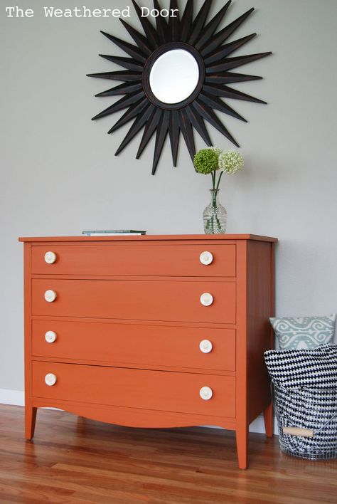 Milk Paint Dresser, Orange Painted Furniture, Diy House Bed, Minimalist Bedding Sets, Orange Dresser, Bed Design Images, Painted Dressers, Simple Bed Designs, Simple Bed Frame