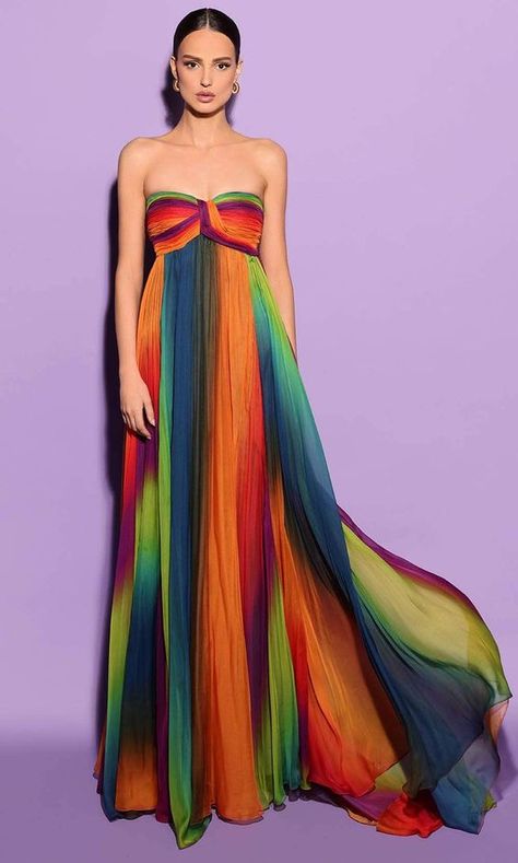 I really like it. The fabric seems fine. I'm happy to see this cute outfit on my little son. Rainbow Dresses Women, Iridescent Ball Gown, Multi Colour Dress, Fairy Gown, Fancy Gown, Colorful Fairy, Split Complementary Colors, Gown Ideas, Multicolored Dress