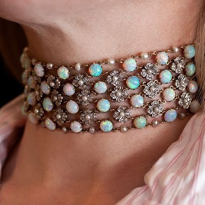 Front view: Belle Epoque opal and diamond choker necklace, circa 1900. With four rows of opals and three rows of pearl and diamond flowers, ... Antique Choker, Bijoux Art Nouveau, Diamond Choker Necklace, Edwardian Jewelry, Natural Jewelry, Diamond Choker, Diamond Necklaces, Pearl Jewelry Necklace, Gilded Age