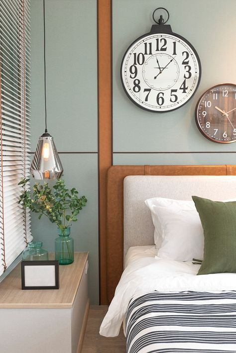 How to Decorate with Clocks: Large and Small Clock In Bedroom, Wall With Clock, Scandinavian Style Bedroom, Retro Alarm Clock, Blue Clocks, Retro Wall Clock, Shared Bedroom, Metal Clock, Large Wall Clock