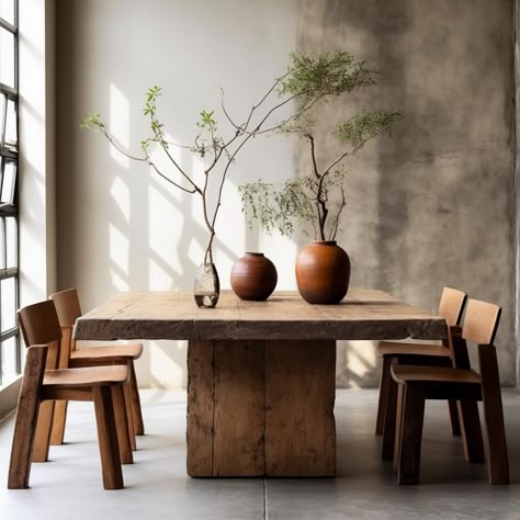 Dining Table Japandi Style, Wabi Sabi Dinner Table, Tulum Kitchen Ideas, Square Tables Dining, Wabi Sabi Dining Room Table, Wooden Table With Chairs, Square Table Dining Room, Dining Table Wabi Sabi, Square Wooden Dining Table