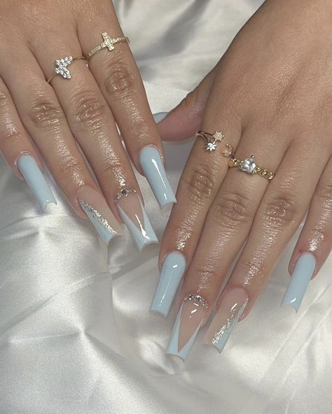 ig: setsbycelestiaa Light Blue Acrylic Nails With Initial, Blue Gradient Nails Acrylic, Light Blue Nails With Charms, Light Blue Winter Nails Acrylic, Baby Blue Square Nails, Light Blue Square Nails, Cinderella Inspired Nails, Blue Acrylic Nails Coffin, Milky Blue Nails