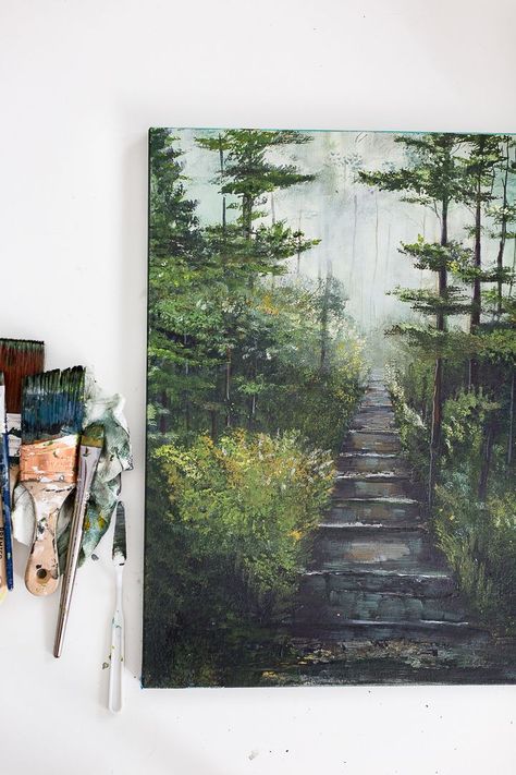 Misty Forest Acrylic Painting | Craftberry Bush | DecoArt Traditions Artists Acrylics Canvas For Beginners, Small Canvas Paintings, Landscape Paintings Acrylic, Easy Canvas Painting, Forest Painting, 수채화 그림, Simple Acrylic Paintings, Nature Art Painting, Creative Painting