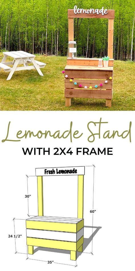 Diy Lemonade Stand Plans, Diy Lemonade Stand Pallet, Lemonade Stand Plans, Cedar Picket Projects, Kids Lemonade Stand Ideas, Cute Lemonade Stand Ideas, Pallet Lemonade Stand, Lemonade Stand Ideas, Lemonade Stand Birthday