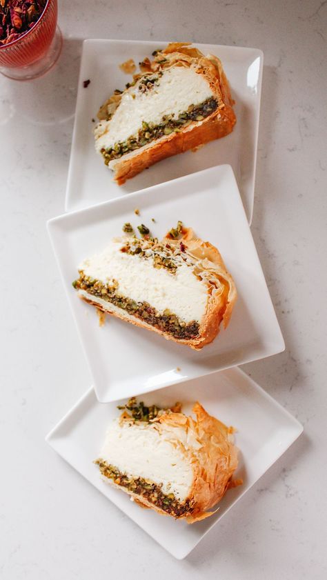 honeynjoy on Instagram: A little error in the reel! it says kunafa cheesecake in the beginning buts actually Baklava. Sorry That’s me overtired 🙈 This amazing… Recipe For Baklava, Sour Cream Cheesecake, Baklava Cheesecake, Food Photography Dessert, Greek Cookies, Arabic Desserts, Chocolate Deserts, Arabic Dessert, Baklava Recipe