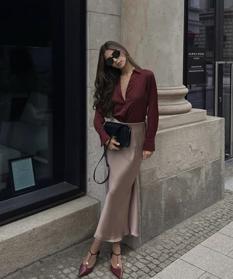 Satin Skirt Outfit Classy Summer, Long Satin Skirt Outfit Elegant, Blouse And Skirt Outfit Formal, Formal Attire Women Skirt, Burgundy Satin Skirt Outfit, Satin Skirt Outfit Party, Tan Leather Skirt Outfit, Red Silk Skirt Outfit, Skirt Office Style