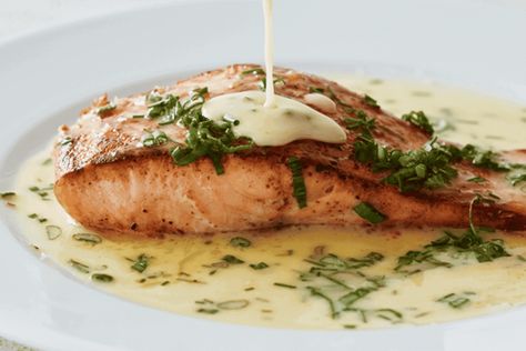 Pan-Seared Salmon with Beurre Blanc – Lid & Ladle Salmon French Recipes, Salmon With Buerre Blanc, Lemon Burre Blanc Salmon, Salmon Beurre Blanc, White Sauce For Salmon, Beurre Blanc Sauce Recipe, Homemade Au Gratin Potatoes, Buerre Blanc, Au Gratin Potato Recipes