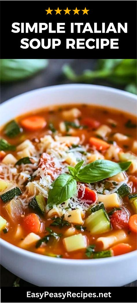 If you're craving a comforting bowl of soup, this Simple Italian Vegetable Soup is a perfect choice! Bursting with fresh veggies and Italian herbs, it’s not only quick to make but is also an excellent way to use up leftover vegetables. Packed with fiber and low on calories, this healthy soup not only warms you up but also fills you up without the guilt. In less than 30 minutes, you'll have a hearty meal that the whole family will love. Serve it with a slice of crusty bread for the ultimate cozy experience. Vegetable Soup No Meat, Veggie Pasta Soup, Italian Vegetable Soup, Veggie Soup Recipes, Leftover Vegetables, Vegan Jambalaya, 15 Bean Soup, Quick Pasta Dishes, Fakeaway Recipes