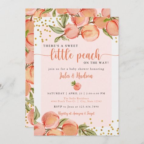 A Sweet Little Peach is on the way! Celebrate the upcoming arrival of your little peach with this gender neutral peach themed baby shower invitation! This design features watercolor peaches and greenery with faux gold glitter! The perfect theme for your spring or summer baby shower! August Baby Shower, Peach Baby Shower Invitations, Summer Baby Shower Themes, Girl Shower Themes, Peach Baby Shower, September Baby, Sprinkle Shower, Baby Shower Theme Decorations, Gold Baby Shower