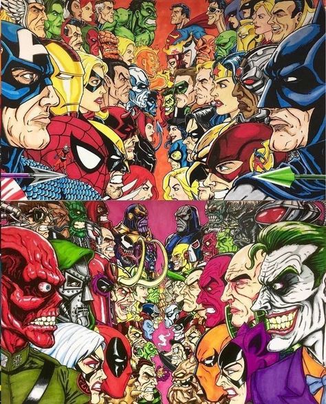 Marvel Vs Dc Art, Marvel Vs Dc Wallpapers, Marvel Dc Comics Wallpaper, Marvel Cinematic Universe Timeline, Dc Vs Marvel, Dc Artwork, Dc Comics Vs Marvel, Marvel And Dc Crossover, Marvel Pins