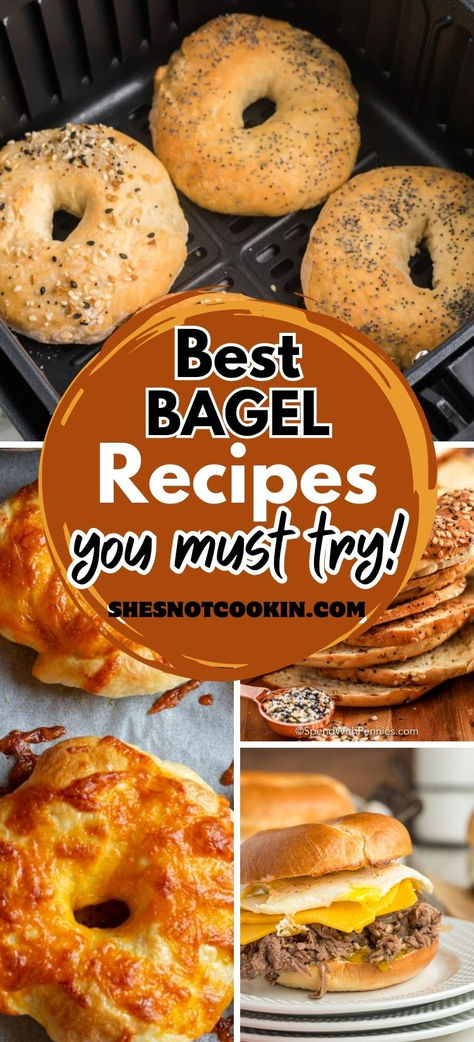 Photo collage with bagel recipes and text overlay. Breakfast With Bagels Ideas, Bagels For Breakfast, Cranberry Bagels Recipe, Everything Bagel Recipe Ideas, Small Batch Bagels, Baked Bagels Recipe, Bagel Thins Recipes, Easy Bagels Recipe Homemade, Bagel Recipe Sandwich