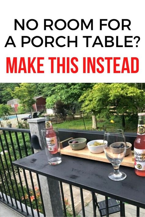 If you are trying to figure out how to entertain or enjoy your small porch, check out this easy rail table idea. Perfect for small spaces this table is easily moveable and is certain to upgrade your patio decor and functioality. #diy #table #porch Deck Rail Table Diy, Porch Table Ideas, Diy Wine Bar, Wood Valances For Windows, Pottery Barn Desk, Trex Decking, Decking Ideas, Homemade Modern, Accent Wall Stencil