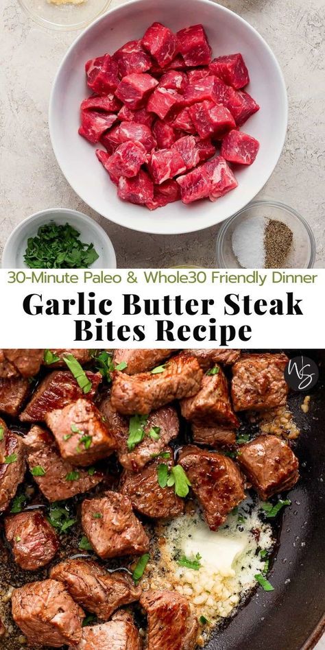 These flavorful garlic butter steak bites are tender on the inside and have the best golden brown crust on the outside! You only need about 5 simple ingredients to make this easy weeknight dinner. Comes together in just 30 minutes! The whole family is going to love it! This recipe is Whole30, Paleo and Gluten-Free Friendly. Oven Roasted Green Beans, Ways To Cook Steak, Crockpot Stew, Steak Bites Recipe, Garlic Butter Steak, Healthy Beef Recipes, Tender Steak, Steak Butter, Healthy Beef