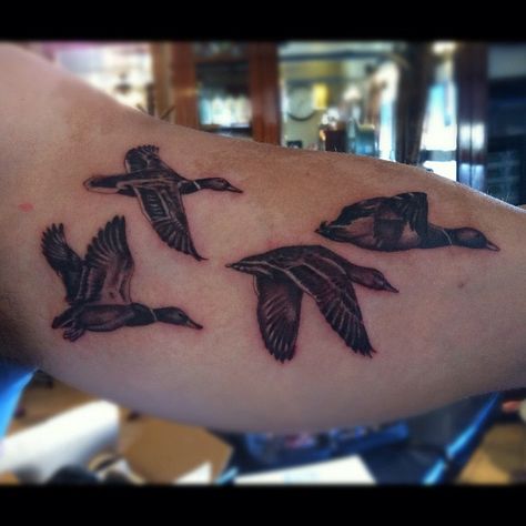 Ducks Flying Tattoo, Duck Hunting Tattoos For Women, Traditional Hunting Tattoo, Waterfowl Tattoo, Mallard Tattoo, Country Boy Tattoos, Duck Hunting Tattoos, Grey Ink Tattoo, Duck Tattoos