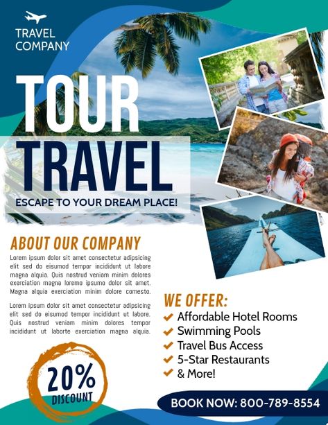 tour travel flyers, travel ads, travel agency flyers, travel company advertisements, traveling templates, small business flyers. Travel Advertising Design Poster, Travel Layout Design, Travel Agency Advertisement, Travel Flyer Design, Travel Advertising Design, Travel Flyer, Promotion Flyer, Travel Advertising, Advertisement Template