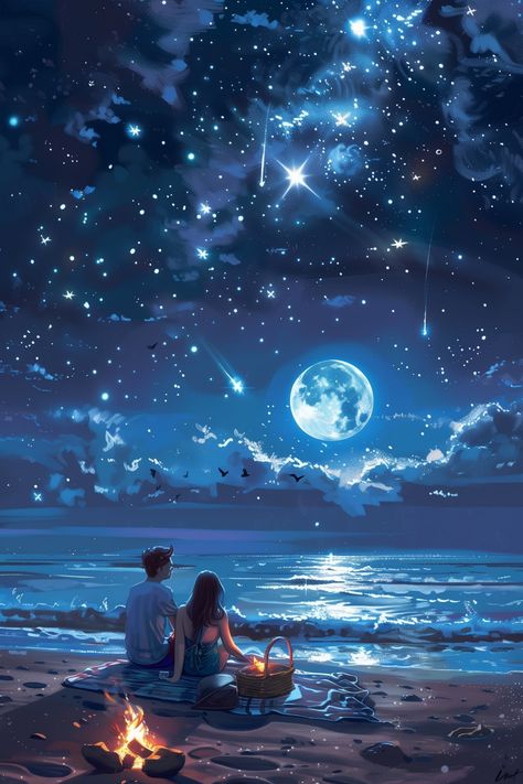 Fantasy Romance Art Night, Romantic Beach Aesthetic, Cute Couple Image Romantic, Romantic Cartoon Couple Images, Cartoon Couple Images, Sitting On Moon, Aesthetic Anime Wallpaper, Letters Symbols, Cute Moments