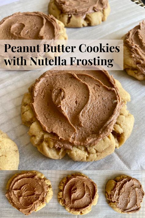 These are the ultimate soft and chewy peanut butter cookies with nutella frosting! They are a family favorite and I try to keep them stocked in my freezer for a yummy treat whenever we want one. #peanutbuttercookie #nutelladessert #thebestcookie #cookies Peanut Butter Nutella Cookies, Cookies With Nutella, Nutella Buttercream Frosting, Nutella Frosting, Soft Peanut Butter Cookies, Nutella Buttercream, Peanut Butter Nutella, Nutella Desserts, Chewy Peanut Butter Cookies