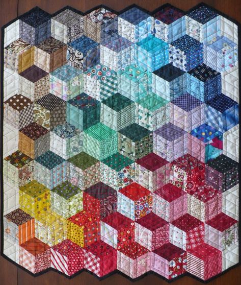 Tumbling Blocks Pattern, Quilting Hacks, Illusion Quilts, Tumbling Blocks Quilt, Optical Illusion Quilts, Kaffe Fassett Quilts, Tumbling Blocks, English Paper Piecing Quilts, Block Quilt