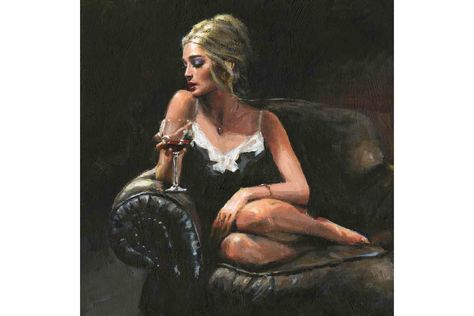 Sally on the Couch Fabian Perez, Woman Aesthetic, Limited Edition, Couch, Paintings, Wine, Art