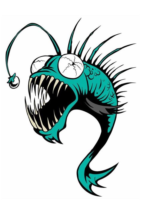 Monster Fish Drawing, Trippy Fish Tattoo, Scary Fish Drawing, Fish Drawing Reference, Cartoon Fish Drawing, Sea Monster Drawing, Angler Fish Drawing, Coloring Pages Fish, Angler Fish Art