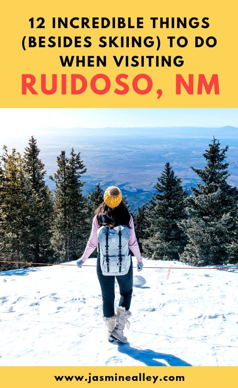 This New Mexico ski town is so charming and surrounded by beautiful nature (did somebody say white sand dunes?)!! Check out these 12 incredible things to do in Ruidoso, New Mexico! From great restaurants and beautiful spots in nature to art and fun vacation spots, you'll find it all here! Visiting in the winter? You're probably in town for skiing, but there's so much more to do in the area all year round! #ruidoso #newmexico #explorenewmexico #travelnm #usroadtrip #skitown Christmas In Ruidoso Nm, New Mexico Snow, Things To Do In Ruidoso New Mexico, Ski Apache New Mexico, New Mexico Winter Vacation, Ruidoso New Mexico Winter, Ruidoso Nm, White Sand Dunes, Winter Family Vacations