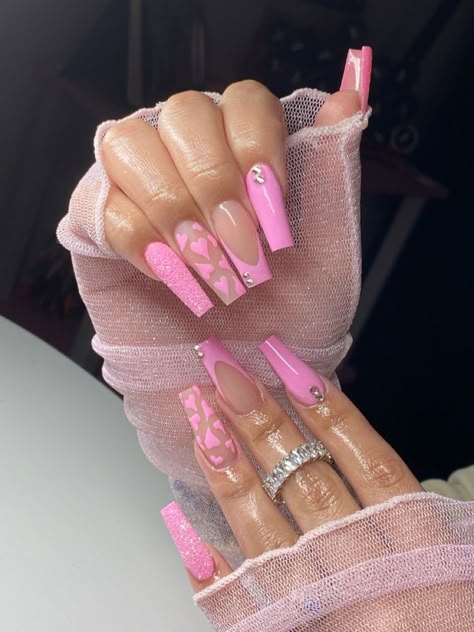 Barbie Pink Valentines Nails, Valentines Nails Extra, Pink Base Valentines Nails, Valentines Day Nails Acrylic Long Pink Square, Pink Baddie Nails, Barbie Nails Acrylic, Valentines Day Xl Nails, Nicki Concert, Concert Nails