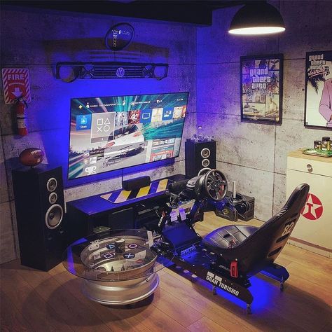 Race Car Gaming Setup, Racing Game Setup, Car Simulator Setup, Racing Simulator Room, Racing Room Ideas, Game Room Design Man Caves, Racing Simulator Setup, Gaming Room Setup Ideas, Racing Room